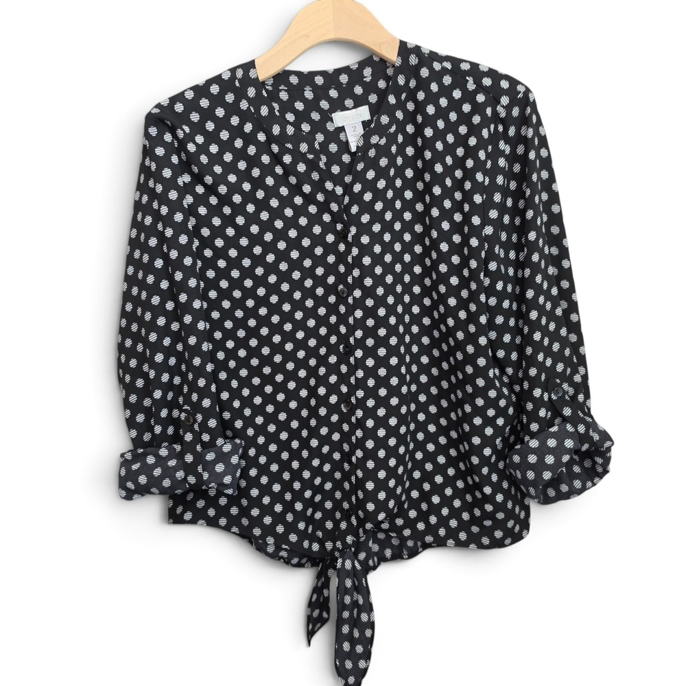 Chico's Top Womens Size 2 Black White Polka Dot Tie Front Button Blouse Large L